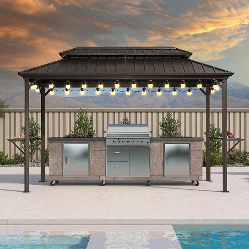 Aluminum Hardtop Grill Gazebo with Lighted, 6' x 12', Brown