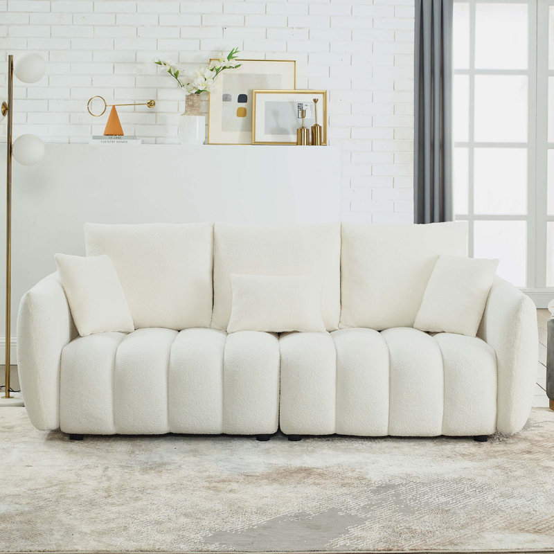 Canapé surdimensionné 79,5 po 3 places rembourré Teddy, Velours beige, H 32 po x l 82 po x P 36 po