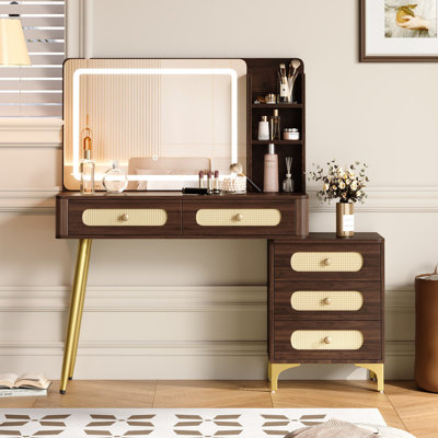 Vintage Makeup Vanity with Mirror and Lights, Makeup Vanity Desk with 5 Drawers and Storage Shelf, Rattan Drawer Design, 3 Color Modes and Adjustable Brightness Dressing Table
