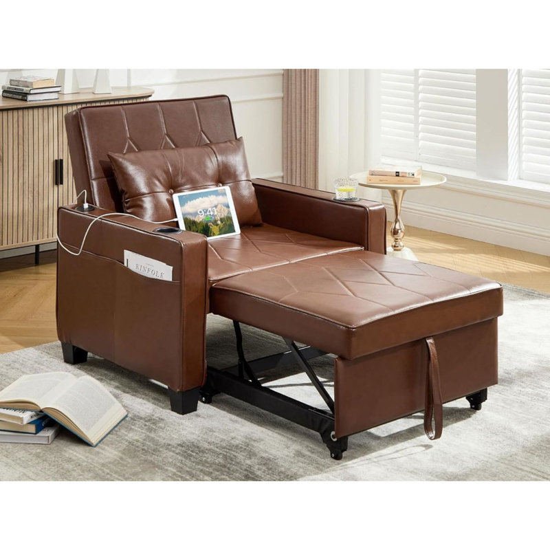 Faux Leather Convertible Chair 3-In-1 Pull Out Sleeper Futon Chair Beds With Usb, Brown/Faux Leather