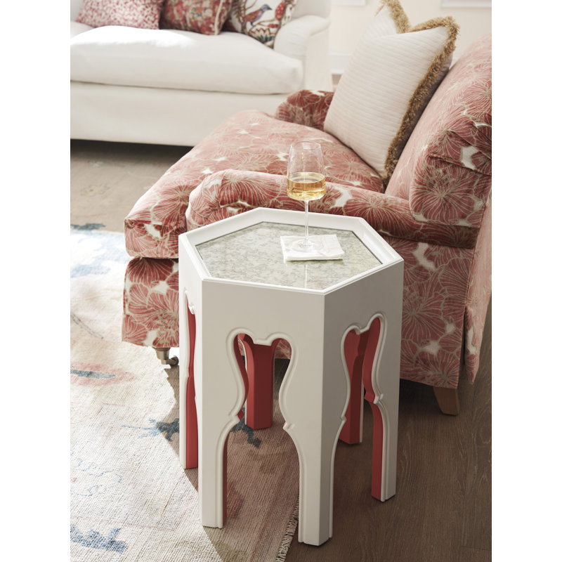 Hexagonal White and Coral Mirrored Glass End Table