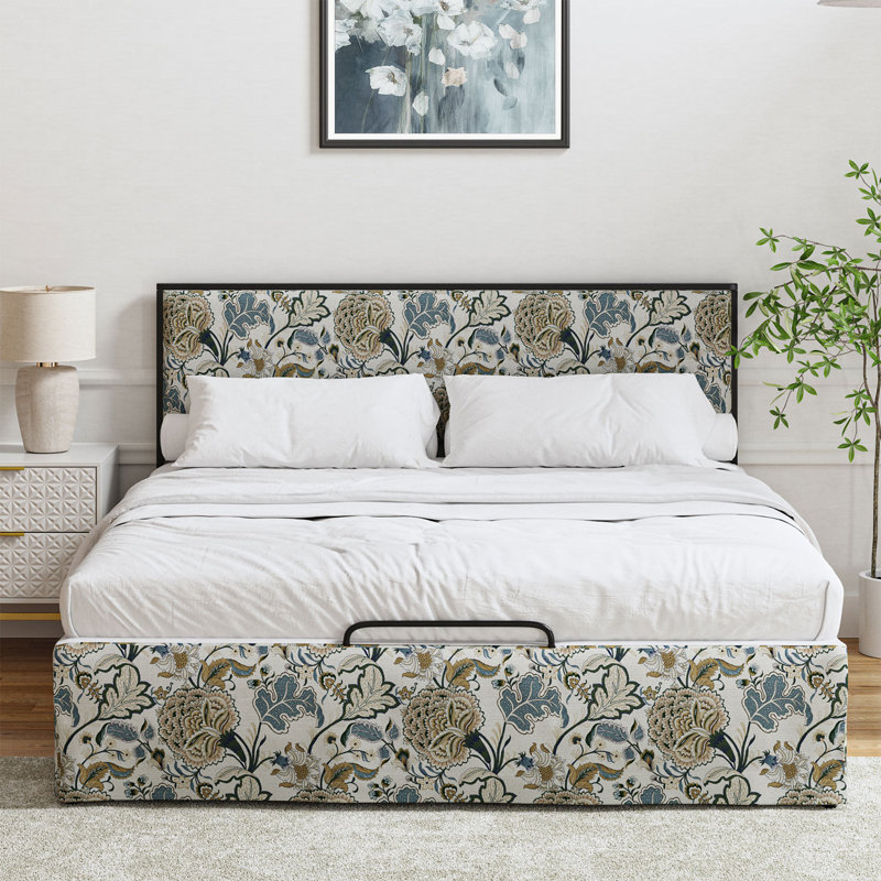 Neilius Upholstered Platform Bed with Washable Slipcover, King, Pattern Yellow