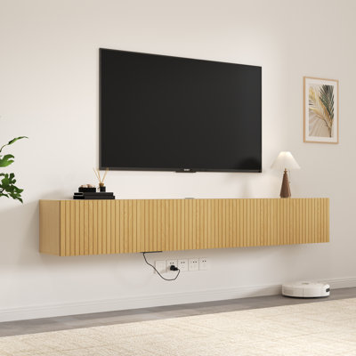 Led 71 Inch Floating Tv Stand For 75" Tv, Wall-mounted Media Console With Charging Station, Floating Tv Shelf For Living Room, Bedroom, Oak