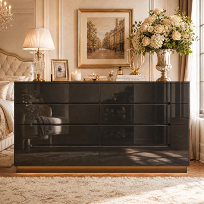 Commode double à 8 tiroirs de 63 po de largeur, avec éclairage d'ambiance chaleureux, fini lustré et glissières en métal