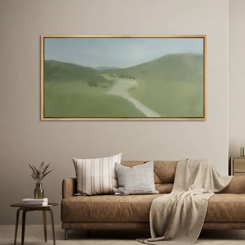 «Soft Green Valley Landscape with Winding Path Minimal Nature Scene», reproduction d'art sur toile encadrée, Naturel