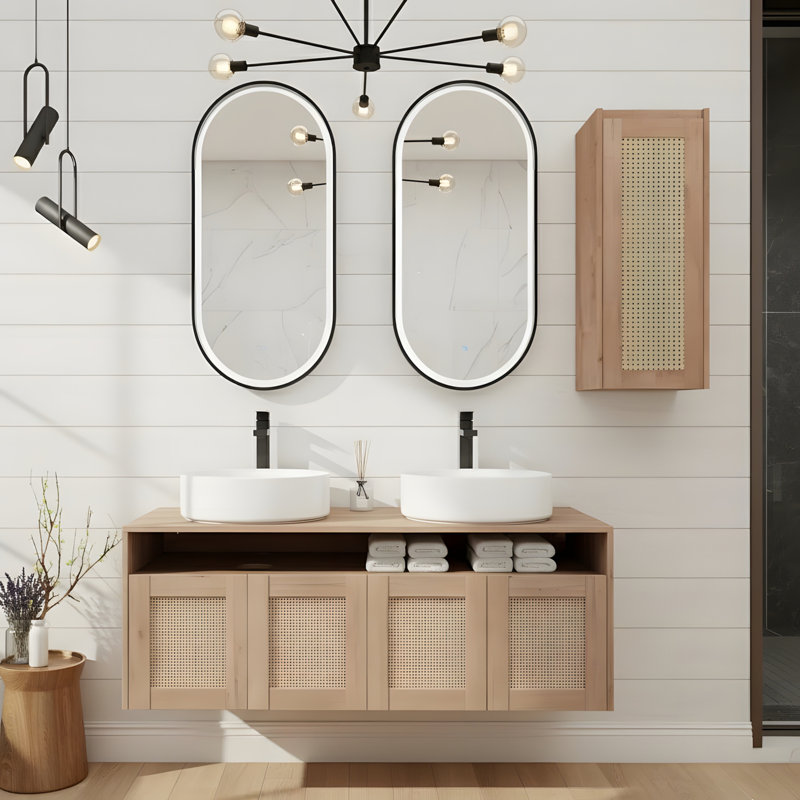Meuble-lavabo de 48 pouces avec deux lavabos en céramique et armoires latérales, Blanc