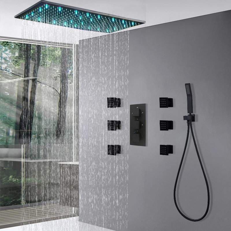 Thermostatic Shower Faucet Set 16x32in LED Rain Shower Head Massage System Black