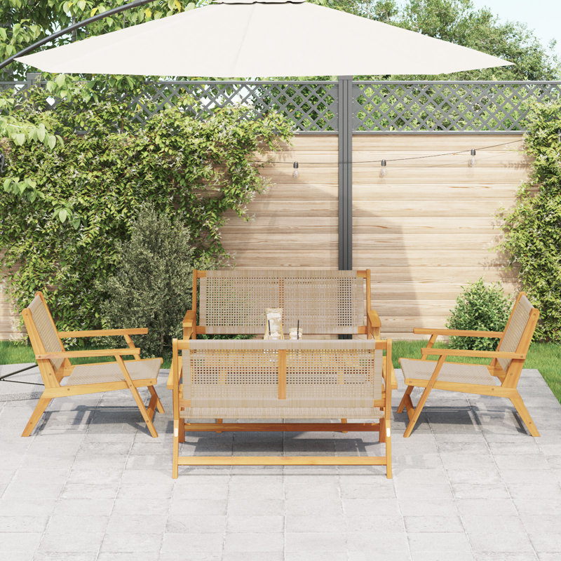 Set Of 4 Teak Look Acacia, Rattan Acacia Wood, Rattan, Beige/Brown