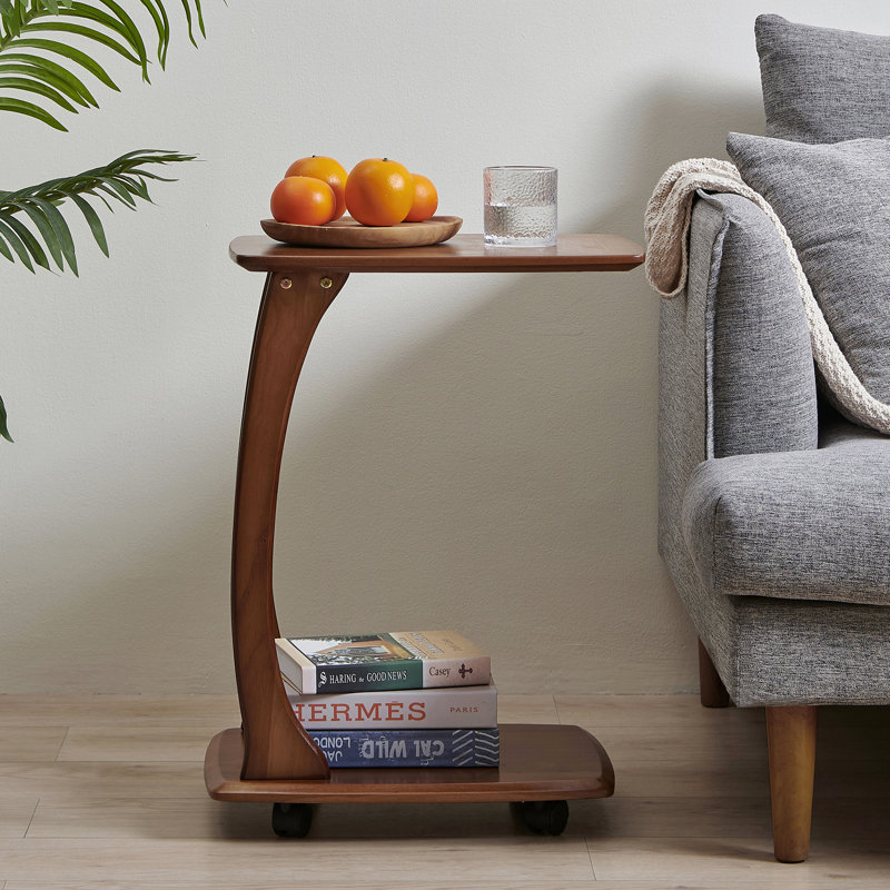 Emerson Solid Wood C Shaped End Table with Wheels, Walnut Color