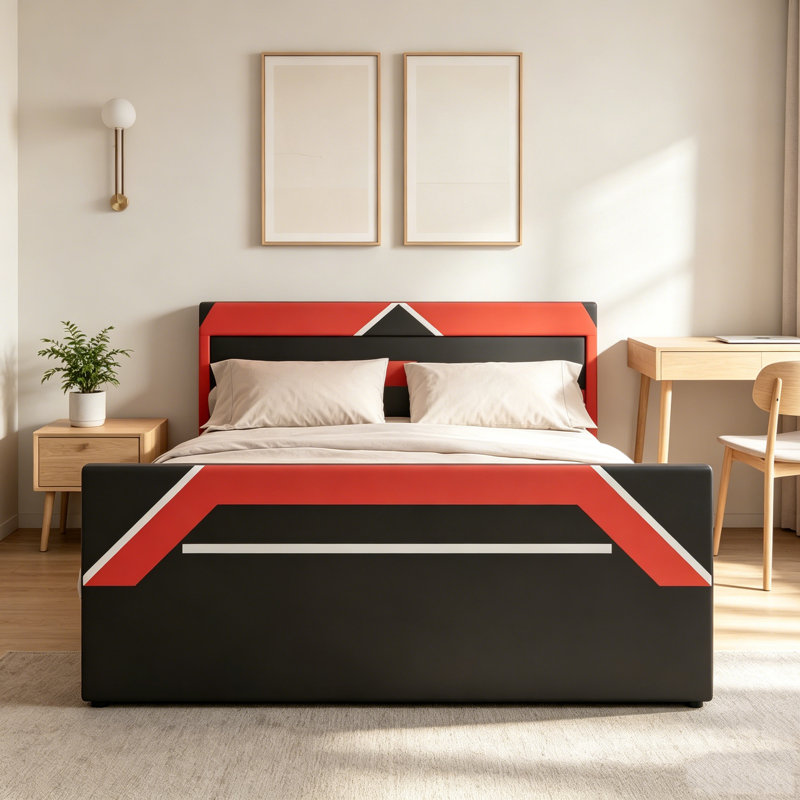 Lit de jeu grand noir et rouge avec tête de lit à éclairage DEL 7 couleurs, lit plateforme avec rangement hydraulique à levage latéral, style Cyberpunk