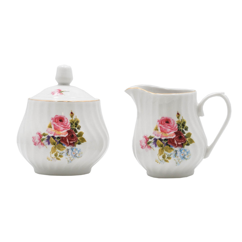 Priya White Porcelain Sugar Bowl with Lid & Creamer, embossed floral & 24k gold trim (set of 2)