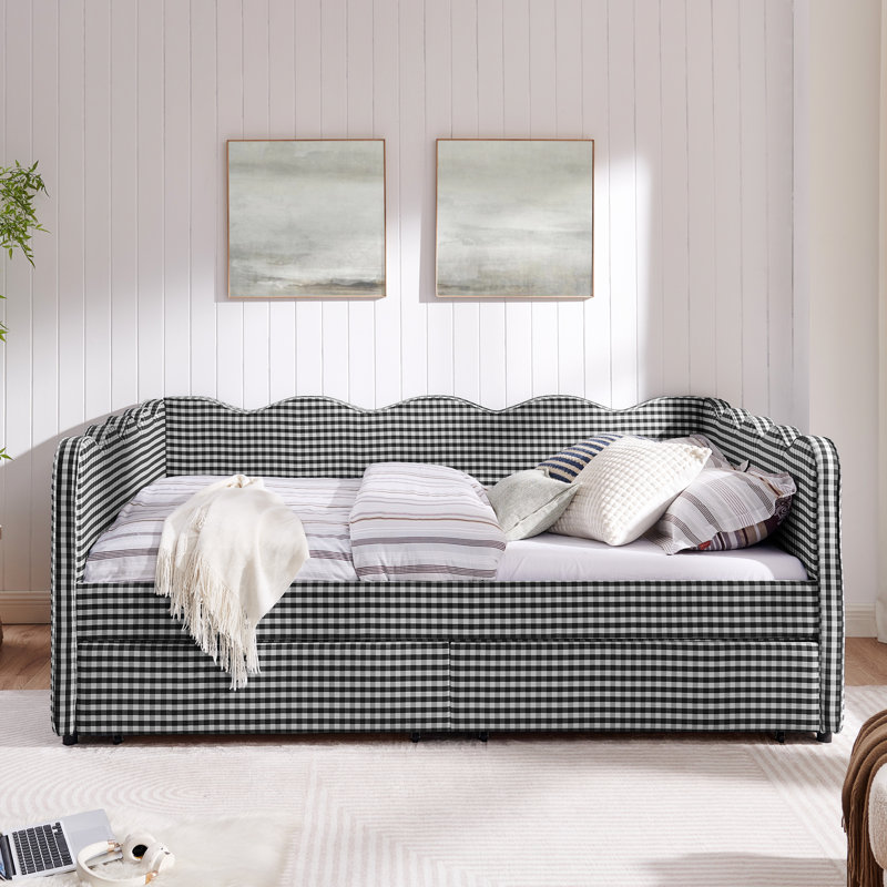 Grand lit de jour avec deux tiroirs de rangement, charge, forme ondulée et lit en lin - pour la chambre à coucher, Black