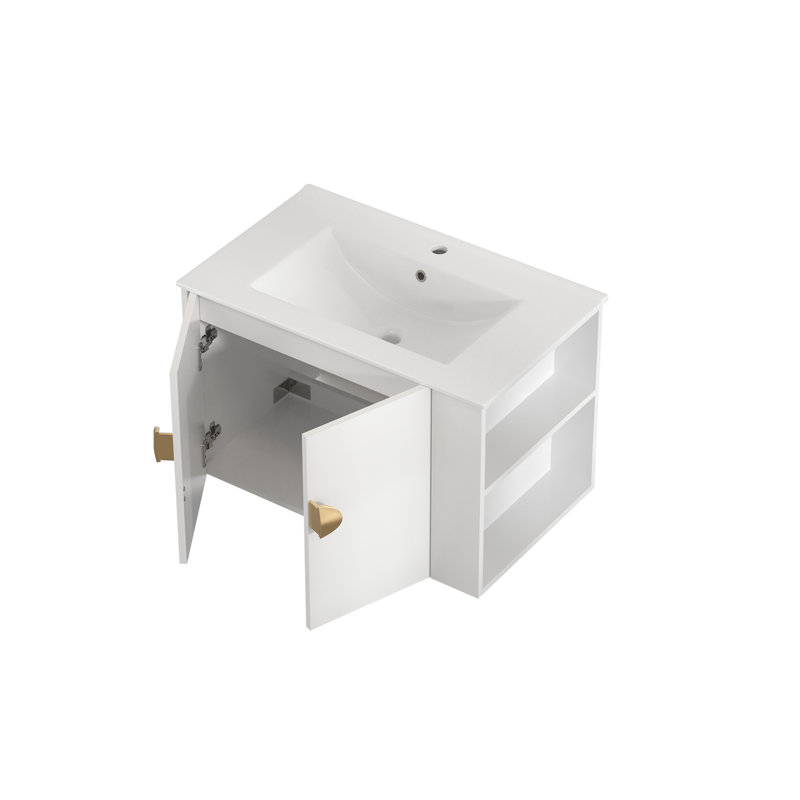 30＂Wall-mounted Single Bathroom Vanity With Ceramic Top-right Side Cabinet, White