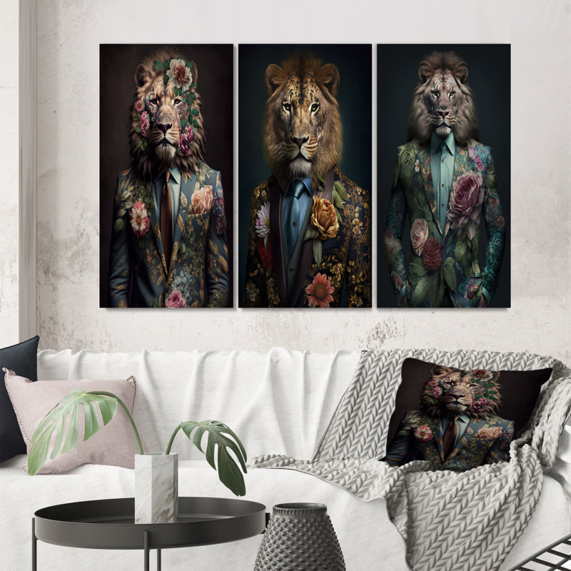 Ensemble de 3 pièces de style glamour avec lion, Toile tendue, H 28 po x l 36 po