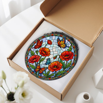 12"H Poppy Butterfly Stained Glass Window Panel
