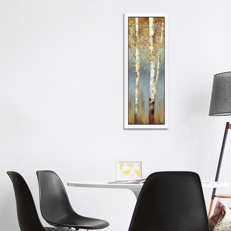 Butterscotch Birch Trees II by Allison Pearce - Panoramic Painting on Canvas, 30.48 cm H x 91.44 cm W, White Framed