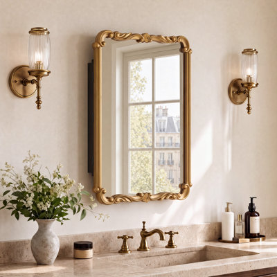 Armoire à pharmacie en bois 16 po x 24 po, armoire de salle de bain avec miroir, armoire de salle de bain murale ou encastrée, cadre sculpté rétro avec miroir en verre trempé, doré