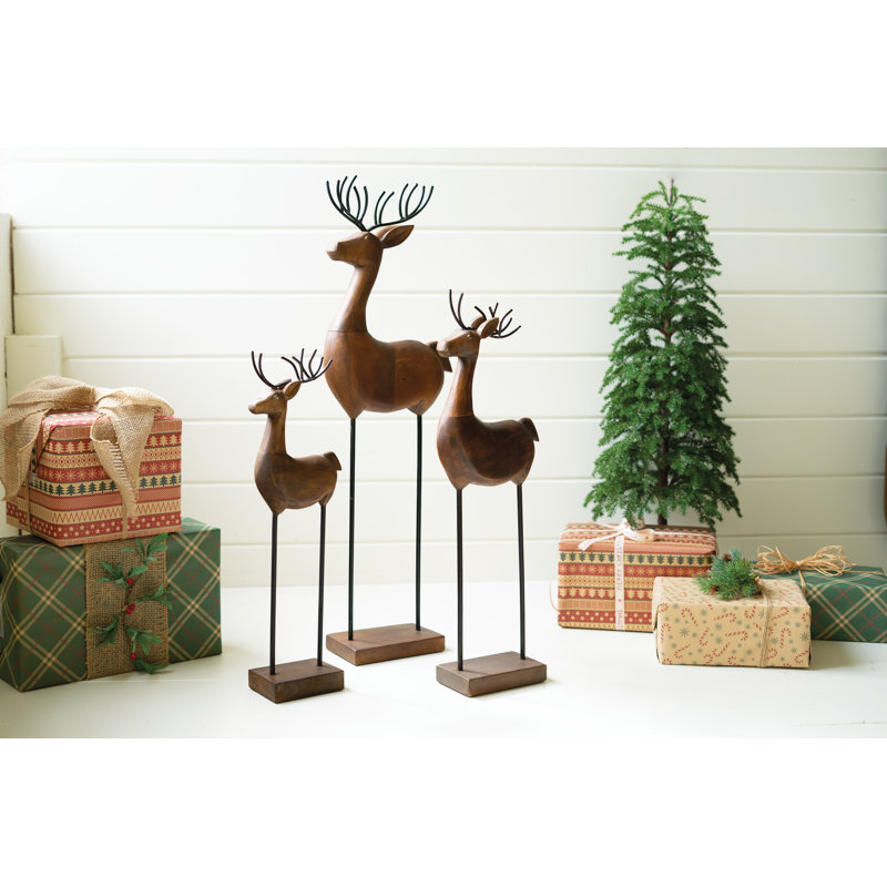  Carved Wood and Iron Reindeer Figurines – Set of 3