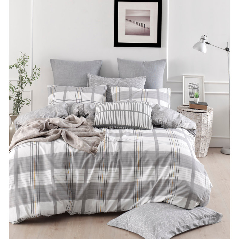 Ensemble de housse de couette 100% coton gris / blanc Ilford, Housse de couette double + 2 taies d'oreiller 31 p