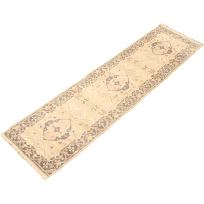 Tapis de couloir en Tapis décoratif laine kaki clair noué à la main New Age Ushak/gris de conception unique 2 pi 8 po x 9 pi 11 po Bronti