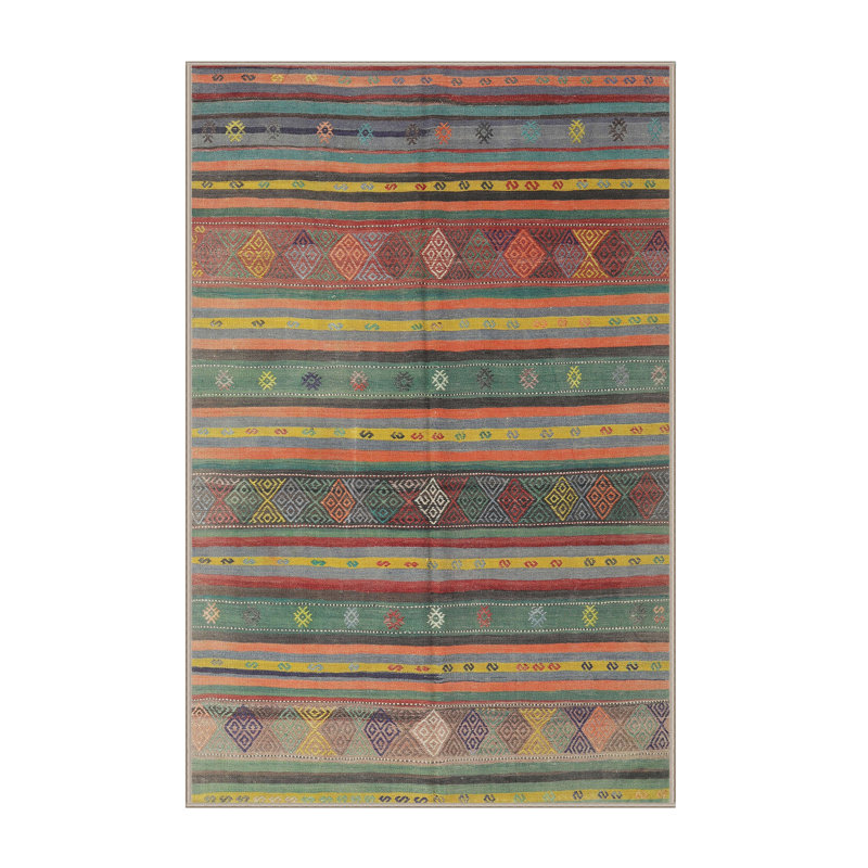 Tapis de zone verte/orange contemporaine, Rectangle 5 pi x 8 pi