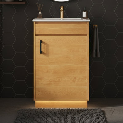 20" Single Bathroom Vanity with Integrated Ceramic Sink - Freestanding Wood Grain Storage Cabinet for Powder Rooms - Soft Close Door - Natural
