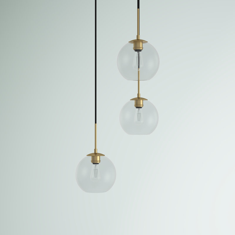 Luminaire suspendu sphérique pour îlot de cuisine à trois lumières avec accents en verre Snead, Transparent, Laiton