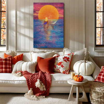 1PC framed Knaack painting sunset seascape, Blonde woman paddling, Abstract expressionism decor print vintage wall poster home decor perfect gift for modern artwork for bedroom living room