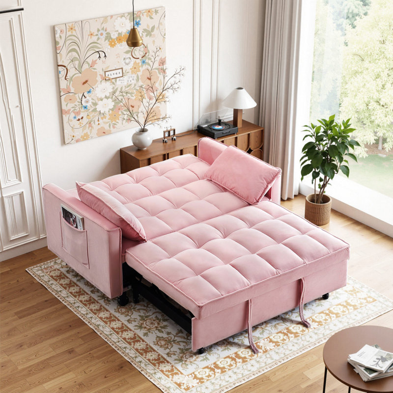 Canapé moderne en velours, canapé-lit convertible 3 en 1, petite causeuse de 55 pouces avec dossier, canapé-lit avec coussin, poches, mobilier de salon, rose