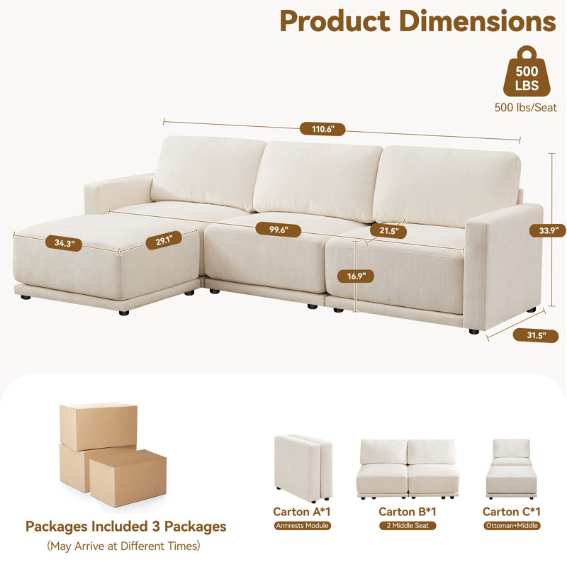 Canapé modulaire 4 pièces avec repose-pieds surdimensionné, Chenille blanche