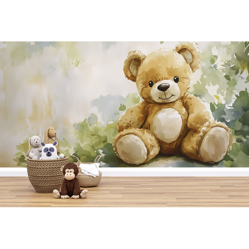 Adorable papier peint à l'aquarelle avec un ours en peluche , L 144 po x l 100 po, Peler et coller