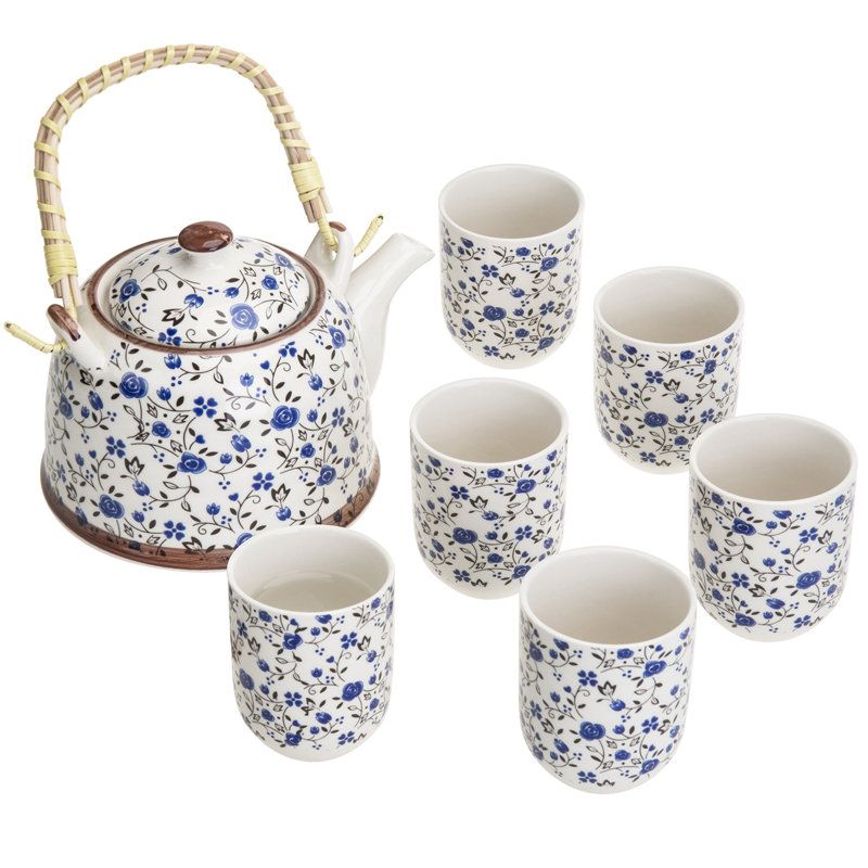 Jaeline 909 ml Roses Design Ceramic Floral Tea Set for 6 People, Blue/White/Brown