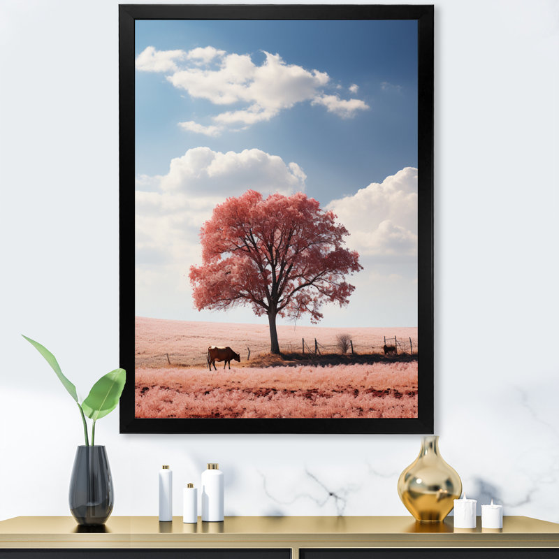 Pink Tree Tranquil Fields - Landscapes Canvas Art Print, H 32 po x l 24 po x P 1 po, Cadre photo noir