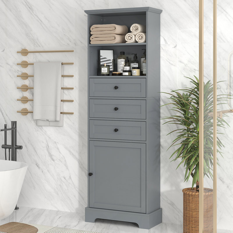 Grande armoire de rangement avec 3 tiroirs et tablettes réglables pour la salle de bain, Gris