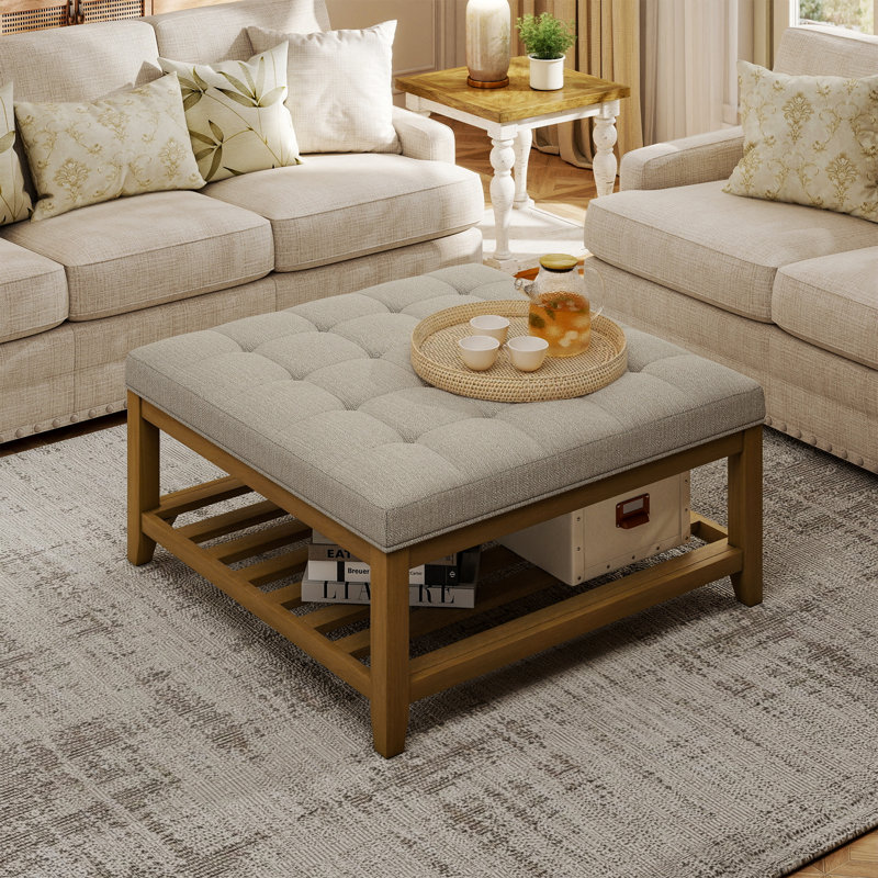 Upholstered Ottoman Coffee Table with Open Storage Shelf,  33.5'' x 33.5'' x 18.5'', Linen