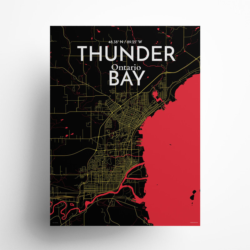 Thunder Bay City Map, impression, Noir / rouge / jaune, H 24 po x l 18 po