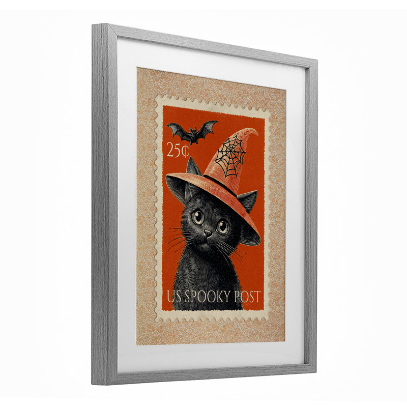 Timbre de chat noir rétro, impression sous verre, par Arlington Prints, H 21 po x l 17 po, Cadre de ferme gris