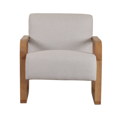 27 Inch Accent Chair, Cushioned Seat And Back, Beige Linen, Brown Wood