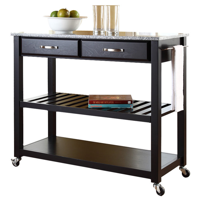 Îlot de cuisine 43 po avec plateau en granite et roues verrouillables Timmy, Noir