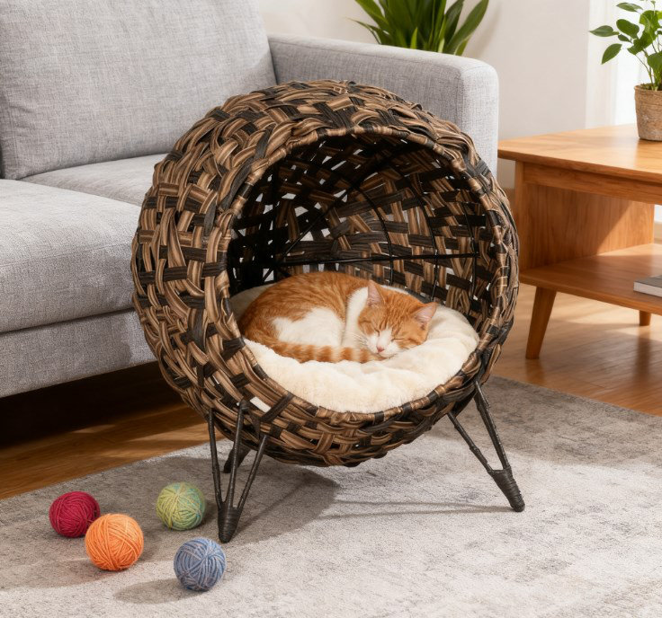 Coussin pour chat en rotin tissé à la main avec support pour trépied et coussin moelleux, nid de chaton fermé pour petits chats de moins de 11 livres