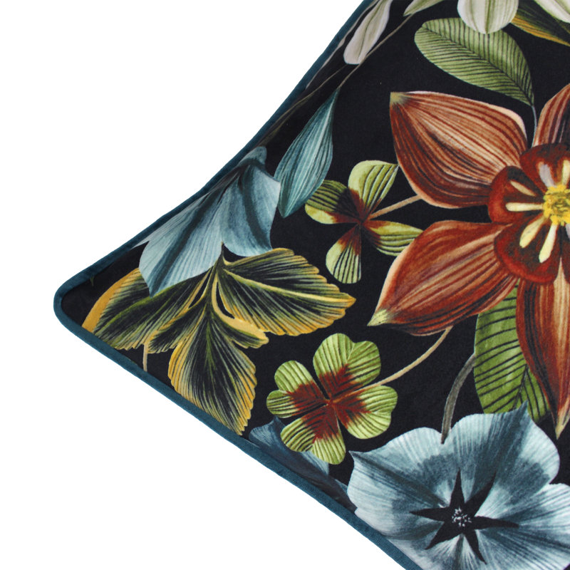 Midnight Garden Floral Velvet Piped Cushion, Teal, Polyester