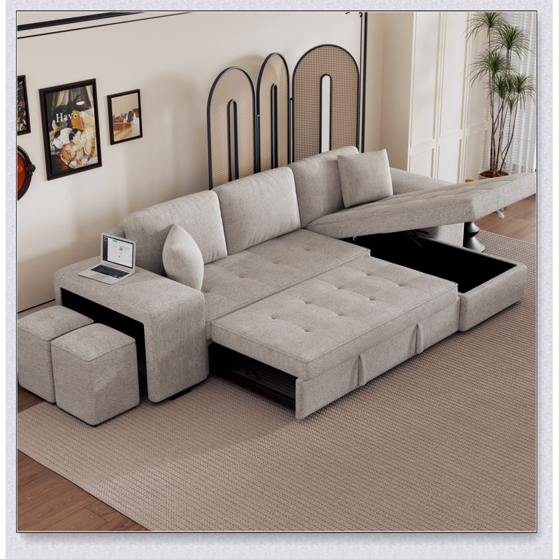 Canapé modulaire réversible en L, canapé-lit avec méridienne de rangement et 2 tabourets, Chenille crème
