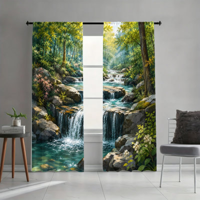 Rideau filtrant 2 pièces avec cascade de verdure et paysage verdoyant, décor de scène de nature, conception facile avec passe-tringle, rideaux toutes saisons pour la maison, le salon et la chambre