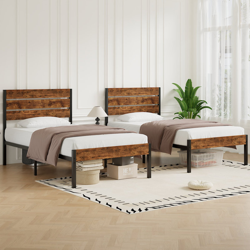 Sakari 2 Set Rustic Farmhouse Bed Frame, 2Pcs Twin Size Metal Platform Bedframe with Wood Headboard, Mattress Foundation with Heavy Duty Metal Slats Support, No Box Spring Needed