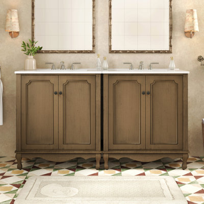 Ensemble de meuble-lavabo double 60 po, armoire de salle de bain rétro avec deux lavabos en céramique séparés et boutons antiques, armoire de rangement avec pieds en bois d'hévéa et tablettes réglables, brun antique
