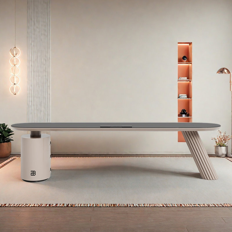 Bureau en granite avec bureau simple, Crème, crème, H 29,53 po x l 94,49 po x P 27,56 po