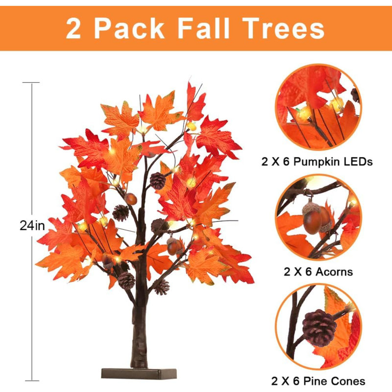 Fall Decorations For Home, 2 Pack 24”/2FT Lighted Fall Maple Leaves Tree With Warm White Leds Autumn Decor, Pumpkin Lampshade, Pine Cone, Acorn Ornaments Battery Powered Timer For Thanksgiving
