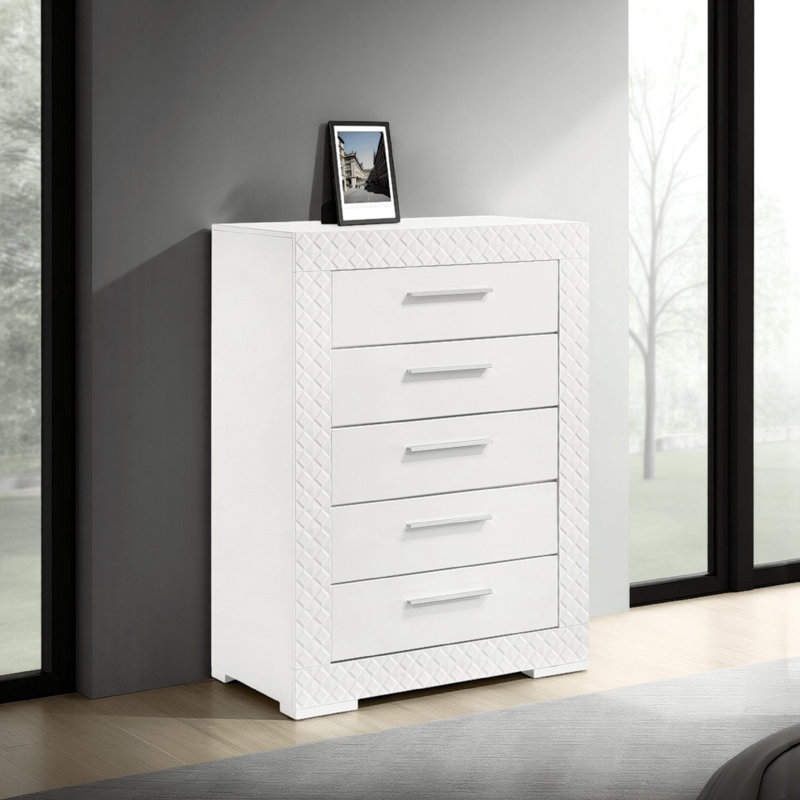 Ivon Tall Dresser Chest, 5 Drawers, Modern Glossy Solid Hardwood, White