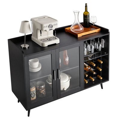 Armoire à vin, armoire à café avec 9 supports à bouteilles de vin, buffet moderne avec porte-verre, luminosité à DEL réglable, pour la maison, le salon, la salle à manger, grain de bois noir