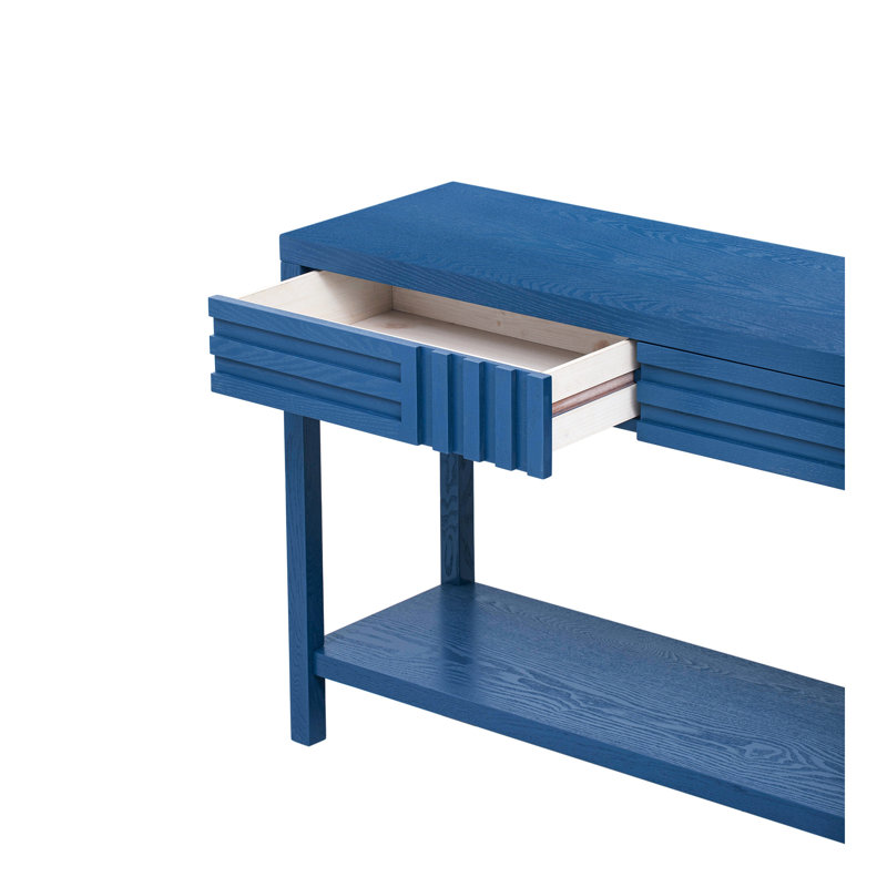 Console moderne en placage de frêne, design rayé classique, avec 2 tiroirs et tablette ouverte, parfaite pour le salon, le couloir, le vestibule, la salle d'étude